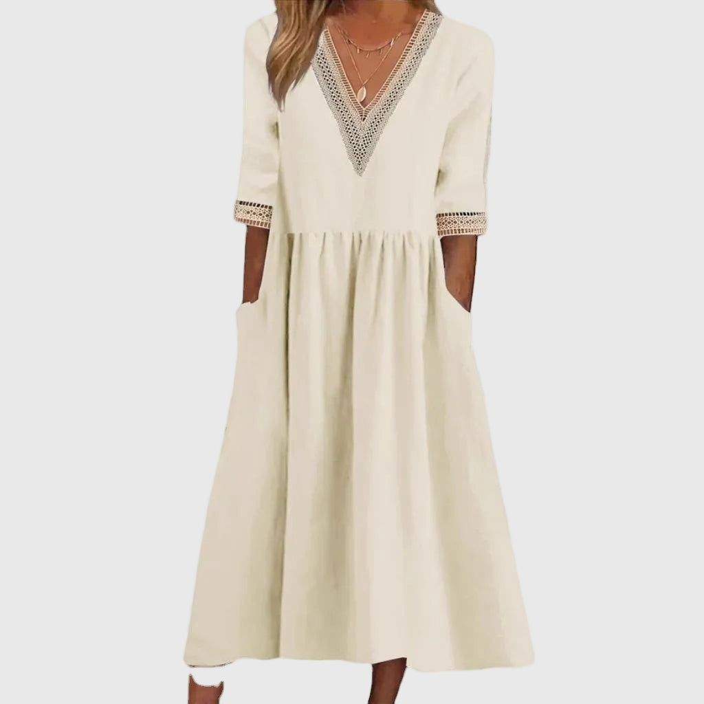 Sara | Vestido Midi con Detalle de Encaje Elegante