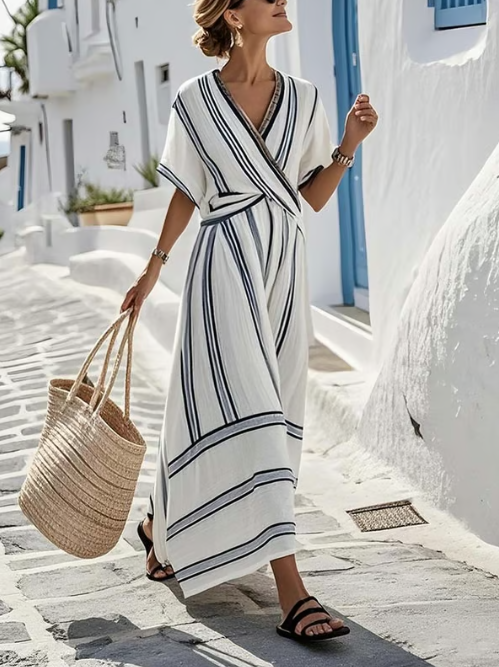 Vestido de lino con escote cruzado elegante