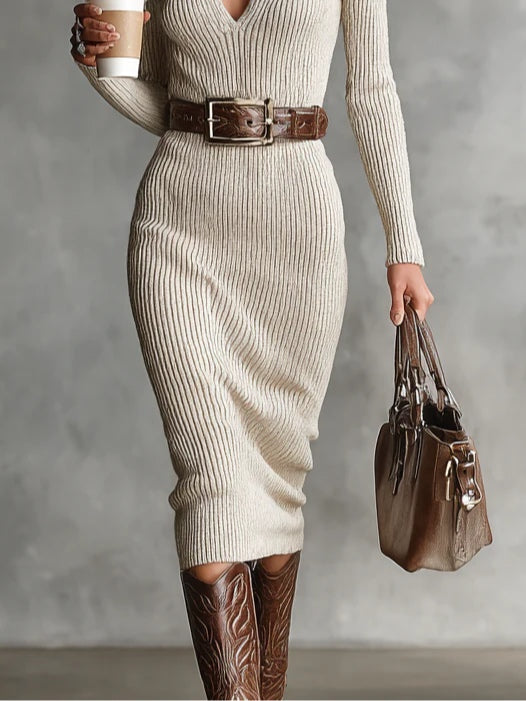 Clara | Vestido Midi Con Cuello Medio Alto Y Cinturón